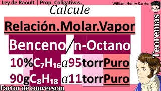 𝑹𝒆𝒍𝒂𝒄𝒊ó𝒏 𝒎𝒐𝒍𝒂𝒓 𝒅𝒆 𝒗𝒂𝒑𝒐𝒓 bencenonoctano con 10  C₆H₆ 95 torr puro con 90 noctano 11 torr puro [upl. by Alford]