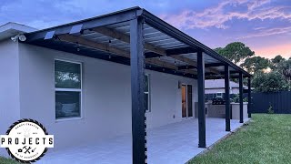 FINALLY INSTALLING A ROOF ON OUR DIY ATTACHED MODERN PERGOLA  HOW TO INSTALL METAL ROOF [upl. by Crellen]