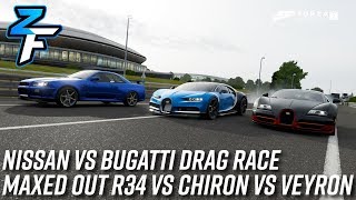 Nissan vs Bugatti Drag Race Maxed Out R34 vs Chiron vs Veyron Super Sport  Forza Motorsport 7 [upl. by Evslin]