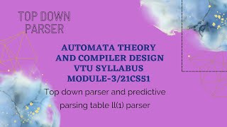 Top down ParserPredictive Parsing TableModule3ATCDcompiler DesignVTU syllabus21CS54Lec6 [upl. by Dowlen200]