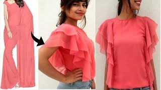 Convert Old Saree into DOUBLE Layer Long RUFLLE Sleeves Top  Diy Most Easiest Top [upl. by Alix948]