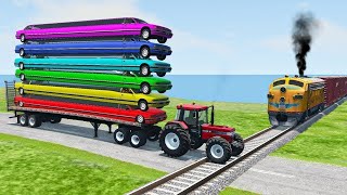 Double Flatbed Trailer Truck vs Speedbumps Train vs Cars  Tractor vs Train BeamngDrive 050 [upl. by Constantina]