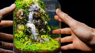 Flowing Waterfalls in a Small Jar Moss Terrarium Build [upl. by Dranek]