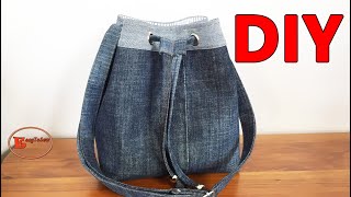 DIY DENIM CROSSBODY BUCKET BAG WITH INTERIOR POCKET SEWING TUTORIAL  DENIM BAG MAKING AT HOME [upl. by Acim460]