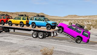 Double Flatbed Trailer Truck vs Speedbumps Train vs Cars  Tractor vs Train BeamngDrive [upl. by Rennug274]