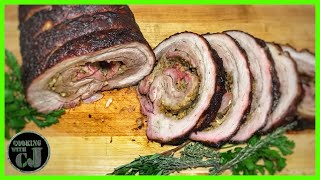 SMOKED PORCHETTA ITALIAN ROAST  Weber Kettle Rotisserie Recipe [upl. by Buckden707]