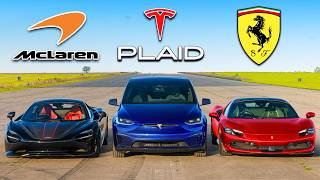 Tesla SUV v Ferrari v McLaren DRAG RACE [upl. by Notgnirrab661]