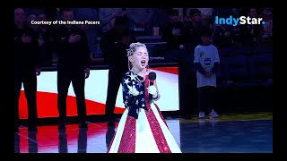 8yearold girl Kinsley Murray sings National Anthem at Indiana Pacers game in viral sensation [upl. by Marja196]