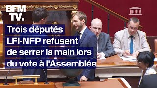 Trois députés LFINFP refusent de serrer la main de lassesseur RN lors du vote à lAssemblée [upl. by Tybi]