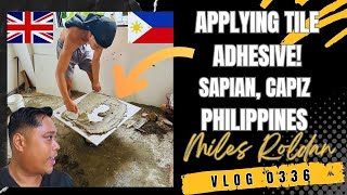 VLOG 336 CUTTING TILES amp APPLYING ADHESIVE AT A MODERN HOUSE BUILD IN THE PHILIPPINES [upl. by Nowahs]