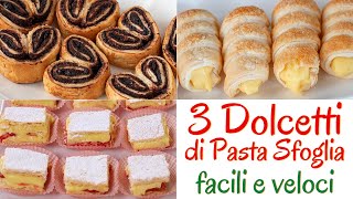 DOLCETTI DI PASTA SFOGLIA 3 Idee Facili  Ventagli al Cacao Cannoli alla Crema Diplomatici Mignon [upl. by Dareece345]