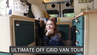 ULT OFF GRID VAN TOUREngineer builds AC BIKES SKIS RECIRC SHOWER 520Ah TESLA BATTERY 640W 🌞 ampMORE [upl. by Templer]