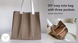 DIY easy eco bag step by step tutorial  3 pocket tote bag [upl. by Berk4]