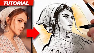 STEP BY STEP DRAWING TUTORIAL Pen and ink portrait sketch [upl. by Calvert]