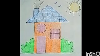 House drawing  How to draw house drawing😊 step by step easy tutorial for kids ☺️ Hariomart72 [upl. by Anawal]