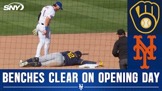 Benches clear as Rhys Hoskins slides into Jeff McNeil during Mets Opening Day vs Brewers  SNY [upl. by Eisseb]