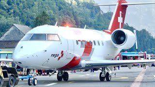 4K VERY CLOSE REGA Ambulance Bombardier 650 HBJWA Arrival and Departure at Mollis Zigairmeet [upl. by Ahterod]