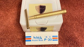 SHIELD AC Brass Razor Single edge perfection Artist club blades Proraso  Osage rub Schick p30 [upl. by Applegate]