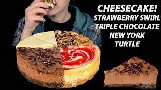 ASMR Cheesecake Sampler Mukbang Triple Chocolate Caramel Turtle Strawberry New York Cheesecake [upl. by Ekim]