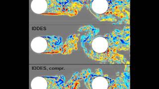 Tandem cylinder DDES vs IDDES vs compr IDDES in jet spanwise vorticity on slice plain [upl. by Kcirtapnhoj]