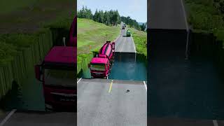 Trucks vs massive water pit 10  carsvswaterpit doubleflatbedtrailertruckvsspeedbumps [upl. by Drusi]