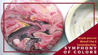 Acrylic Pour on Biscuit Tins and Terracotta Pots AugustPouringChallenge [upl. by Ardnoed]