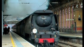 HD SR Battle of Britain Class 34067 passes Preston on the 5Z44 070313 [upl. by Nylirek]