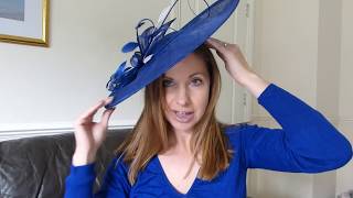 Millinery  How to wear a fascinator hat on a hairband Cobalt blue saucer formal hat Part 2 [upl. by Schecter729]