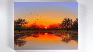 Sunset Painting  Sunset Reflection Painting  Sunset on the Lake Acrylic Painting [upl. by Ekud]