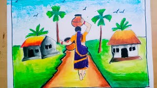 beautiful village scenery with oil pastels  prakrutik drushya drawing drawing easy easyscenery [upl. by Aneerehs]