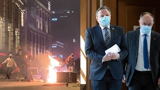 Legault defends Quebecs health measures condemns anticurfew protests in Montreal [upl. by Arretnahs]