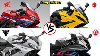 Honda CBR650R vs Suzuki GSX8R vs Triumph Daytona 660 vs Yamaha R7  Comparison TM [upl. by Mazur222]