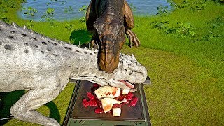 🌍 Jurassic World Evolution  Tyrannosaurus Rex Vs Indominus Rex Eating Together amp Fight [upl. by Burk388]