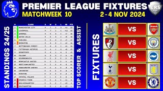 PREMIER LEAGUE FIXTURES  Matchweek 10  EPL Table Standings Today  EPL Fixtures Today 2425 [upl. by Oedama]