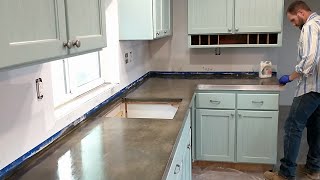 Concrete Countertops Start to Finish  Quikrete Mix Stone Polish Metal Trim 46 DIY OffGrid Build [upl. by Refinney]