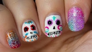 Diseño uñas Día de los muertos calaveras de azúcar  Halloween nail design sugar skulls [upl. by Amerd]