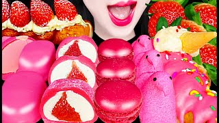 ASMR Pink Strawberry Dessert Macaron Marshmallows 핑크 딸기 디저트 먹방 Mukbang Eating [upl. by Cheyney]