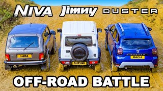 LADA Niva v Suzuki Jimny Dacia Duster OFFROAD RACE amp BATTLE [upl. by Inaliel]