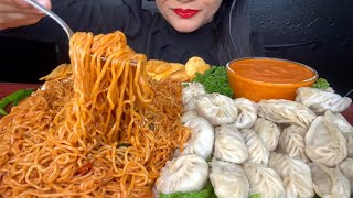 ASMR EATING SPICY NOODLESCHICKEN MOMOVEG MOMOLAYS CHIPS FOODVIDEOS [upl. by Ayekehs474]