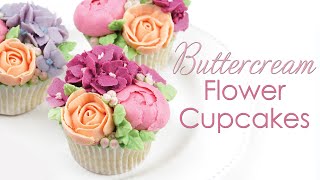 How to Pipe Buttercream Flower Bouquet Cupcakes  Roses Peonies amp Hydrangea Piping Techniques [upl. by Parry]