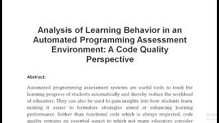 Analysis of Learning Behavior in an Automated Programming Assessment Environment A Code Quality Pers [upl. by Lefton]