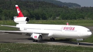 HUGE RC AIRLINER SWISS MD11 SCALE TURBINE MODEL SHORT TAKEOFF AND LANDING [upl. by Schreiber281]