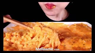 Mellawnie ASMR cheesy noodles rice cake mochi Mukbang bites only [upl. by Abana]