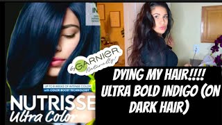 Dying my hair using Garnier Nutrisse ULTRA BOLD INDIGO on dark hair [upl. by Alemrac]