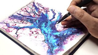 Creating a Fantasy Tree with Vibrant Blues and Reds  Loose Watercolor Art  ziksarthi [upl. by Nol180]