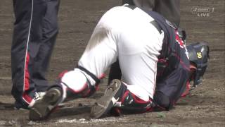 2014年3月8日 ファールボールがヤクルト西田の股間を直撃 [upl. by Lebasy]