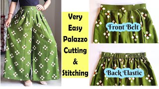 Very Easy Palazzo Cutting And Stitching  Front Belt Back Elastic Palazzo  English Subtitles [upl. by Lipps]