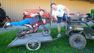 Hudson Hauls Kids Motorcycle with Army Truck  Tractors for kids [upl. by Alisa487]