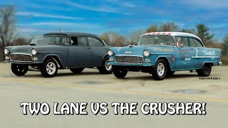 TWO LANE BLACKTOP VS THE CRUSHER II RETRO 55 CHEVIES MATCH RACE RAT VS MOUSE BYRON DRAGWAY [upl. by Formica]