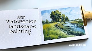 Easy watercolor landscape painting  Mini painting Watercolor trees amp river  Sketchbook practice [upl. by Fritzie]